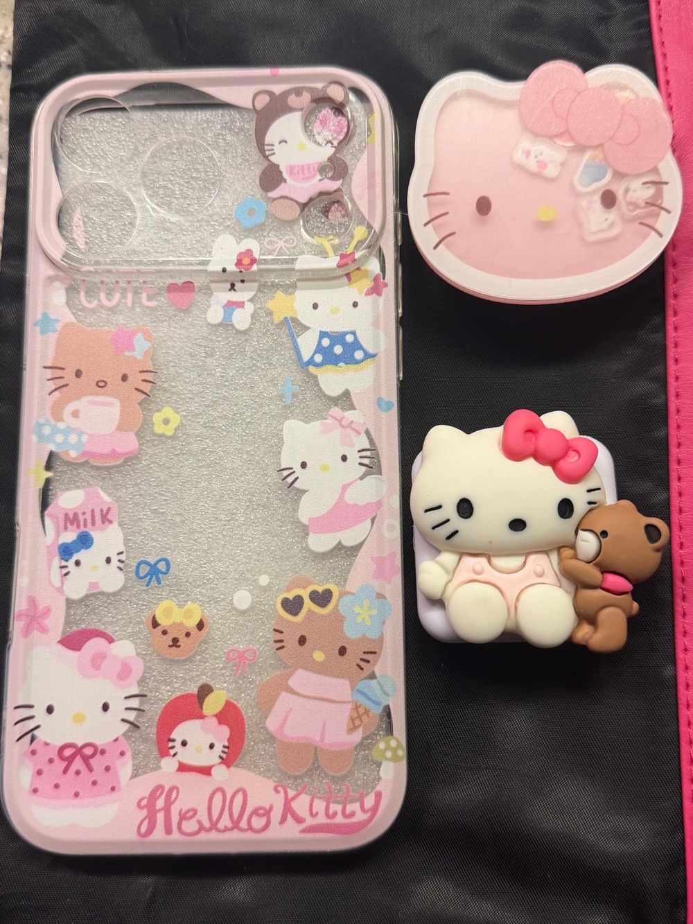 Hello Kitty Pink Clear iPhone 17 pro Case with Matching Pink Hello Kitty PopGrip